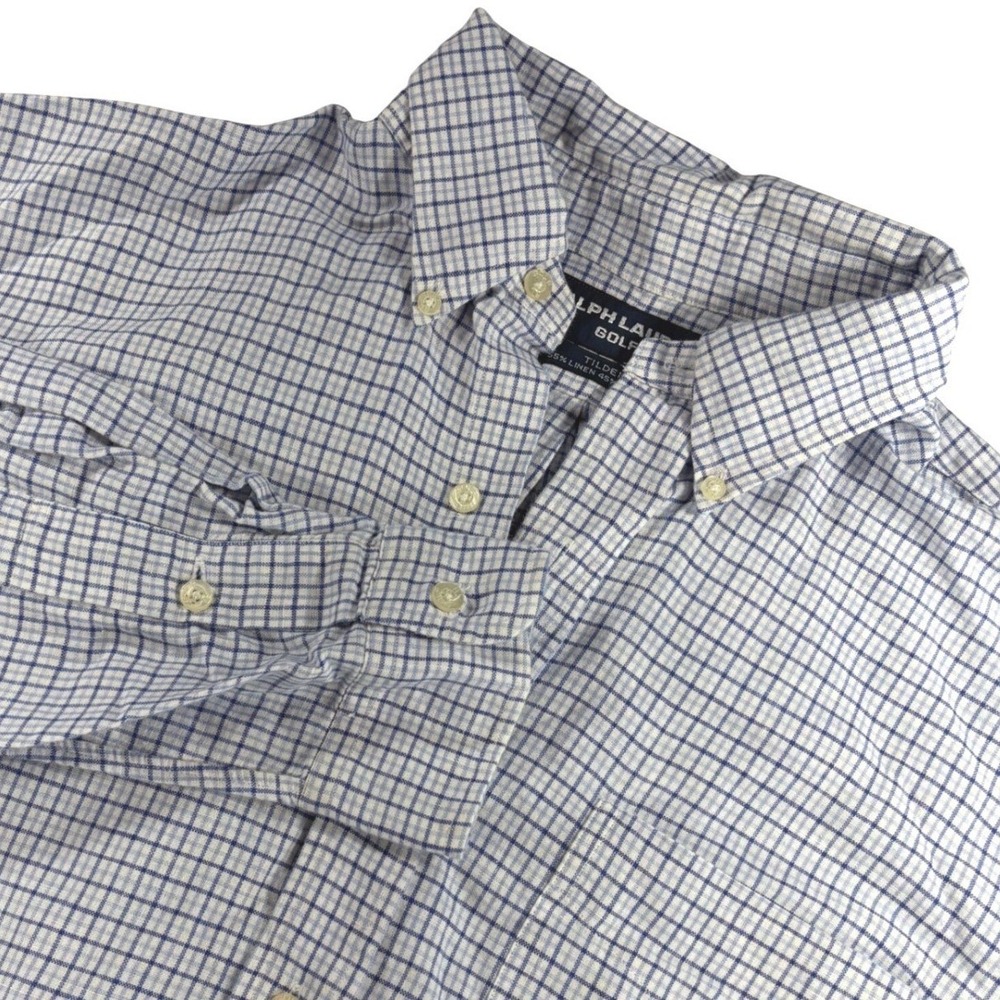 Ralph Lauren Mens L Button Down Shirt Linen Cotton Plaid Tilden Fit Blue White